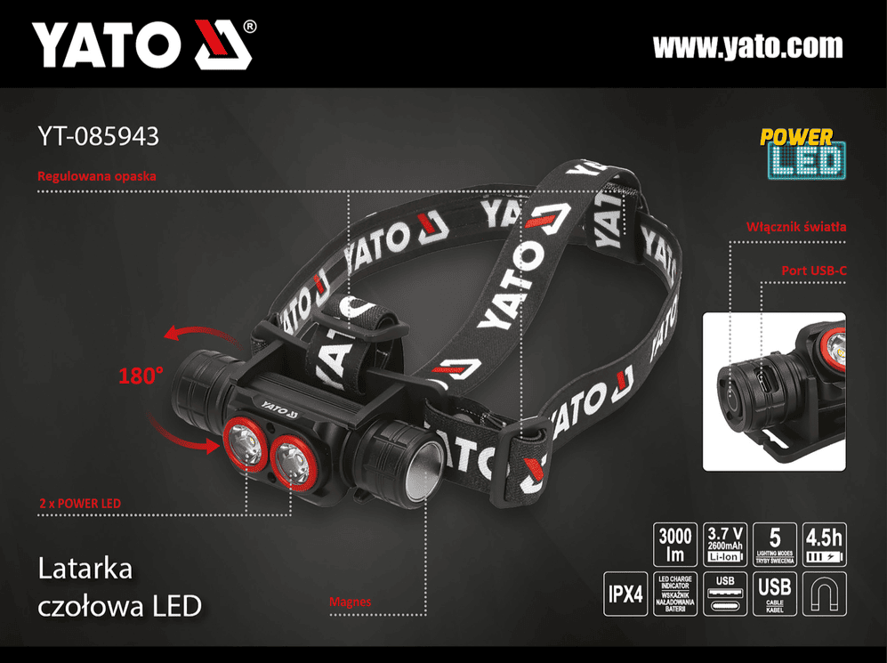 Налобный LED фонарь15W, 3.7V, 2.6Ah, 3000 Lm, YАТО (YT-085943) - купить в каталоге Стант Креп.