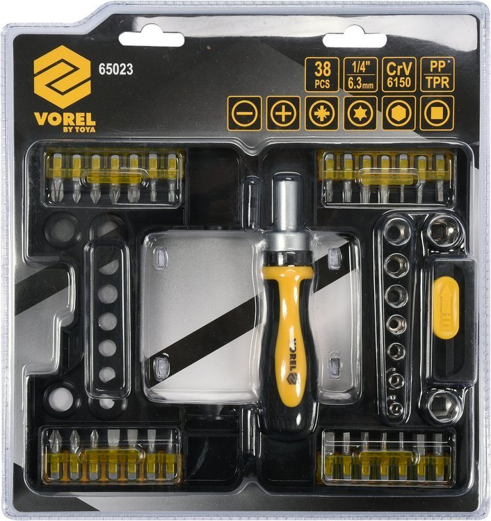 Набор головок и бит с отвёрткой, 38 предметов Vorel: цена в Минске - Стант Креп